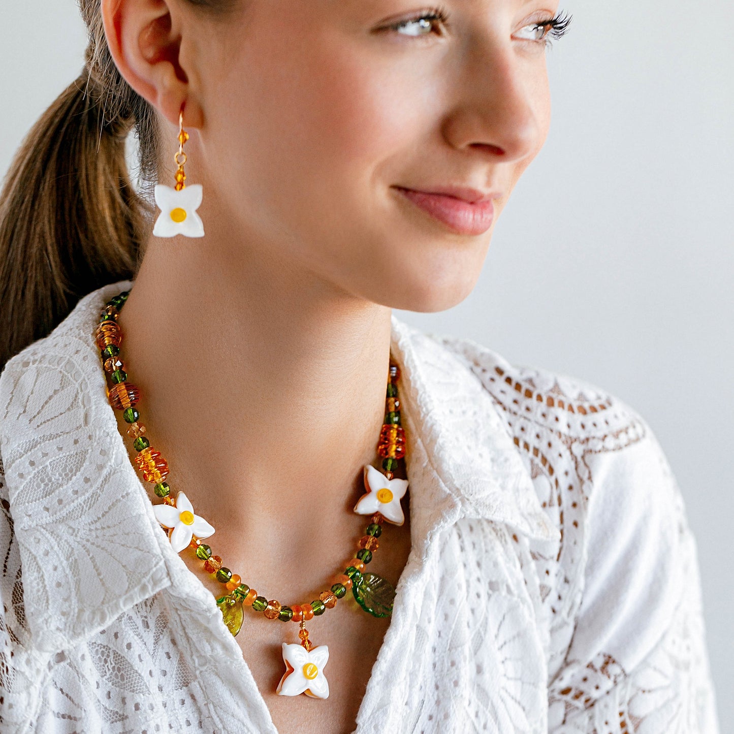 White Hydrangea Beaded Necklace
