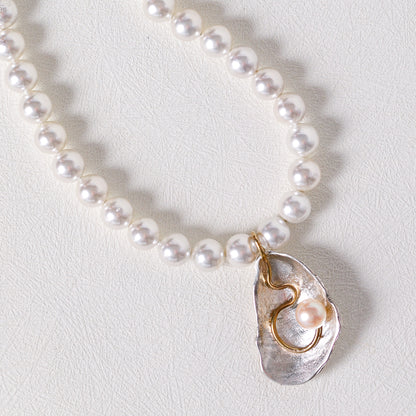 Large Oyster Necklace with Freshwater Pearl